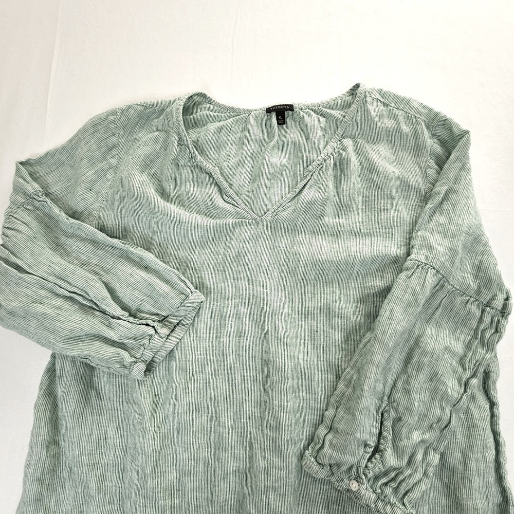 Talbots Womens XL Green Striped 100% Linen V-Neck 3/4 Sleeve Tunic Boho Hippie